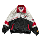 WESTSIDE STOREY VINTAGE | VINTAGE 90S KC CHIEFS EMBROIDERED SPELLOUT PROPLAYER WINDBREAKER JACKET - BLACK/WHITE - Westside Storey