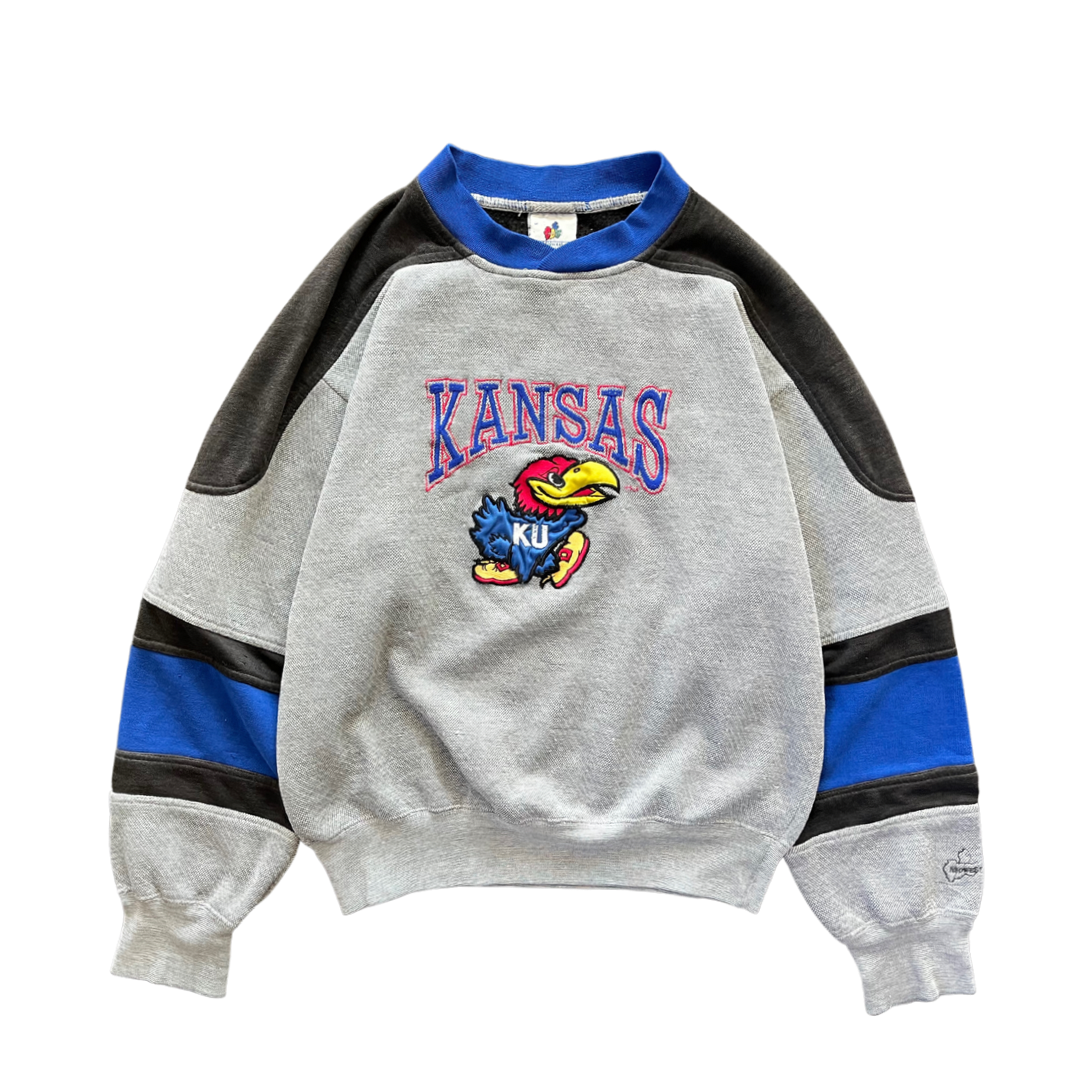 WESTSIDE STOREY VINTAGE | VINTAGE 90S KU JAYHAWKS EMBROIDERED COLOR BLOCK SWEATSHIRT- GREY - Westside Storey