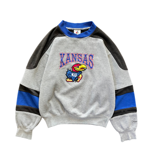 WESTSIDE STOREY VINTAGE | VINTAGE 90S KU JAYHAWKS EMBROIDERED COLOR BLOCK SWEATSHIRT- GREY - Westside Storey