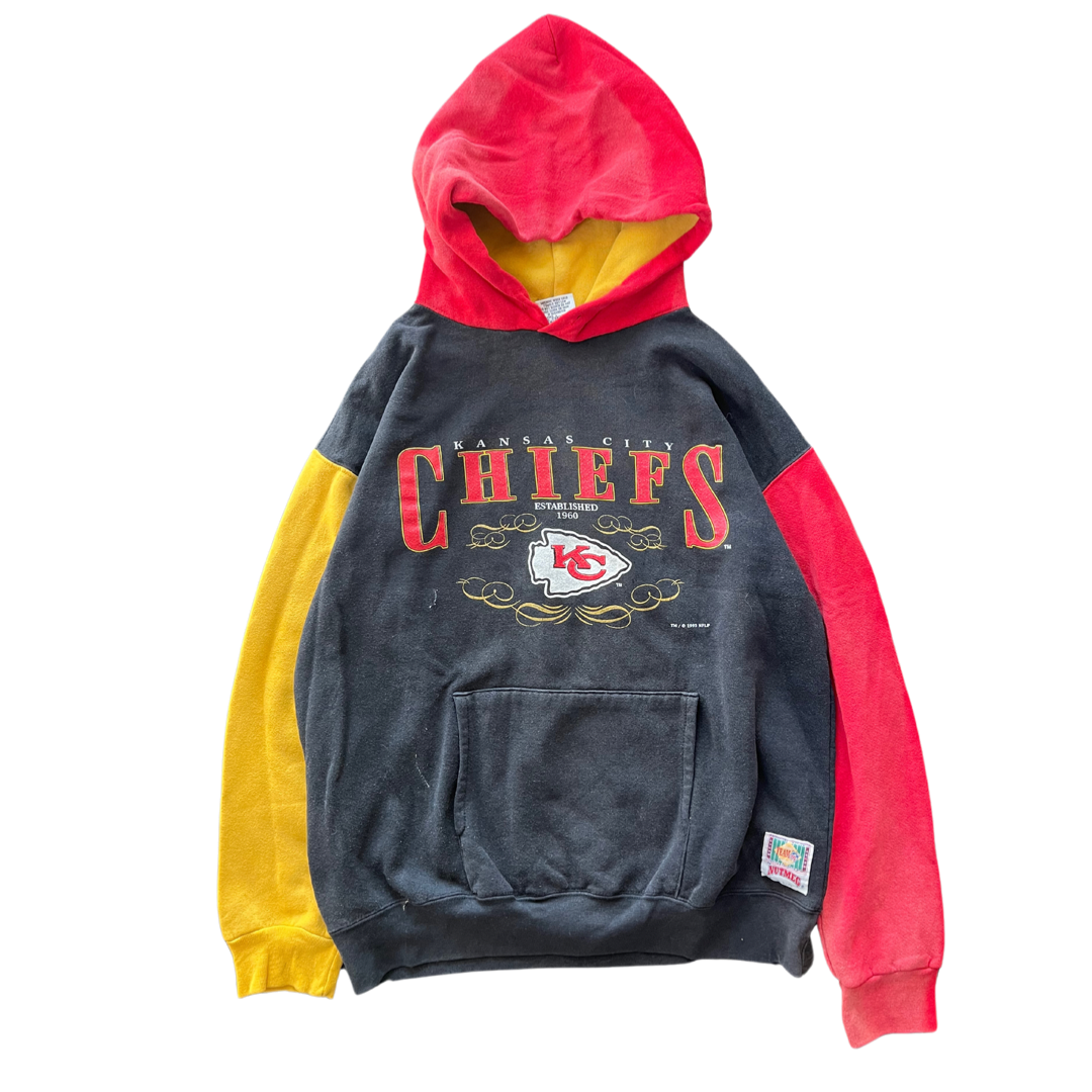 WESTSIDE STOREY VINTAGE | VINTAGE 90S COLORBLOCK NUTMEG KC CHIEFS HOODIE - BLACK/RED/YELLOW - Westside Storey