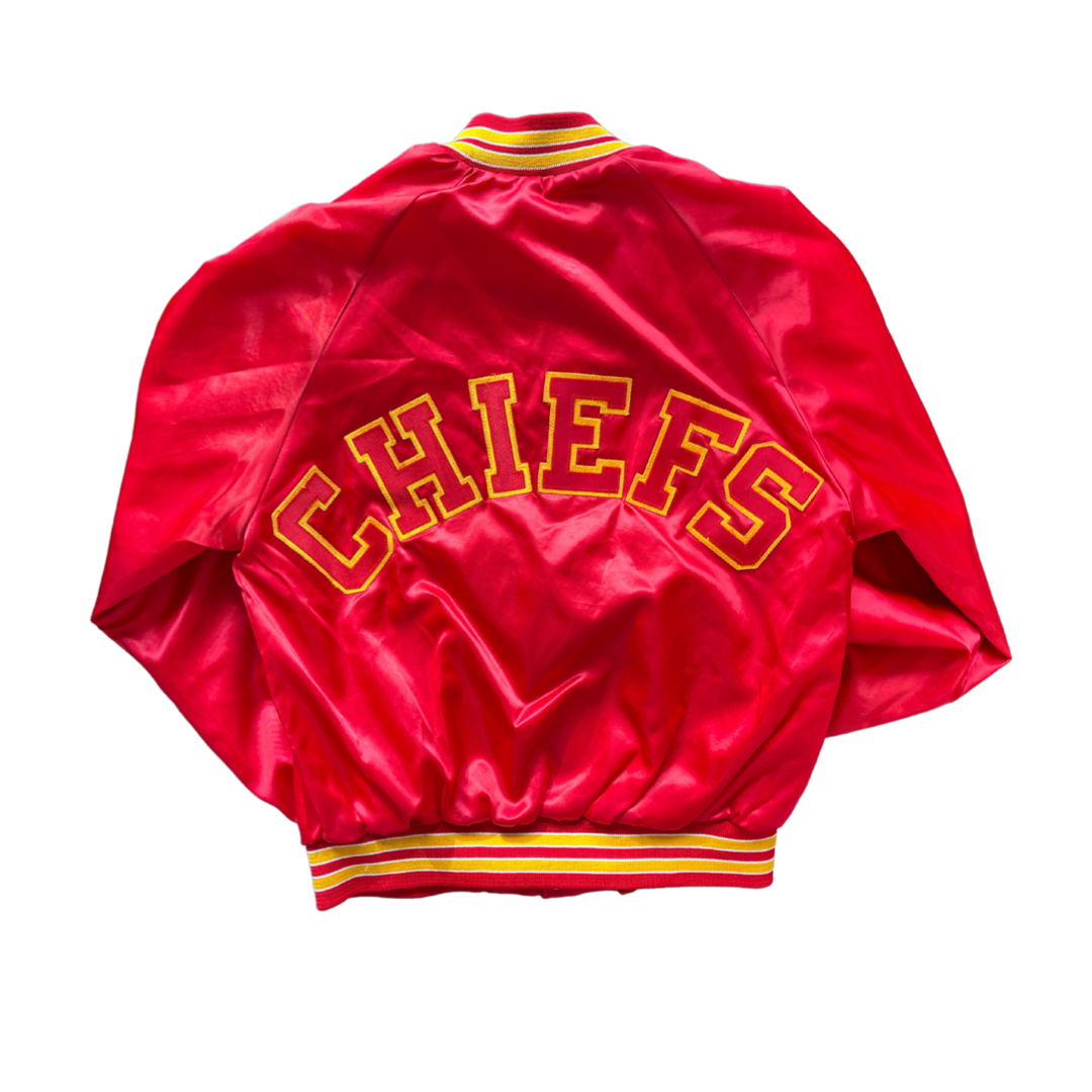 WESTSIDE STOREY VINTAGE | VINTAGE 90S SPELLOUT BACK KC CHIEFS SATIN BOMBER RARE- RED - Westside Storey