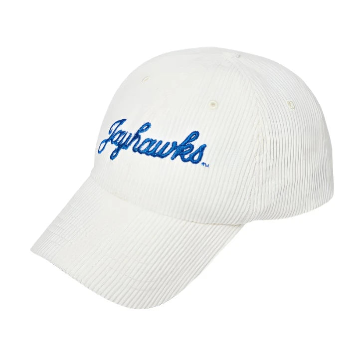 SANDLOT | CORDUROY DAD HAT JAYHAWKS SCRIPT - WHITE/BLUE - Westside Storey