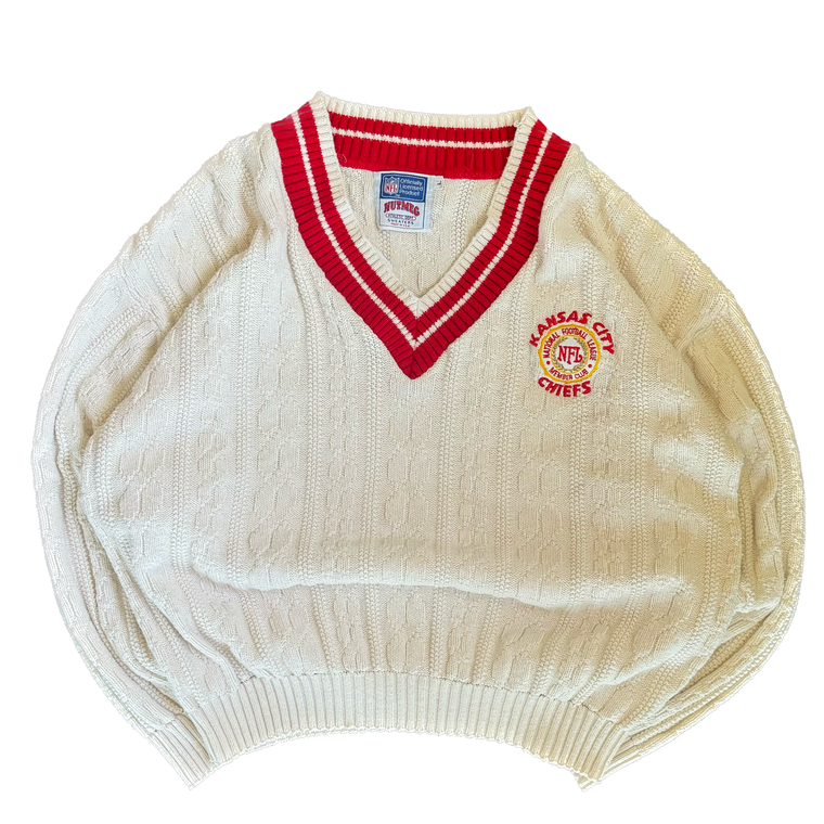 WESTSIDE STOREY VINTAGE | VINTAGE 90'S KC CHIEFS NUTMEG KNIT V NECK SWEATER - WHITE