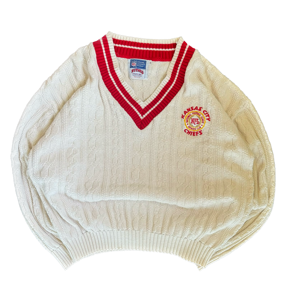 WESTSIDE STOREY VINTAGE | VINTAGE 90'S KC CHIEFS NUTMEG KNIT V NECK SWEATER - WHITE