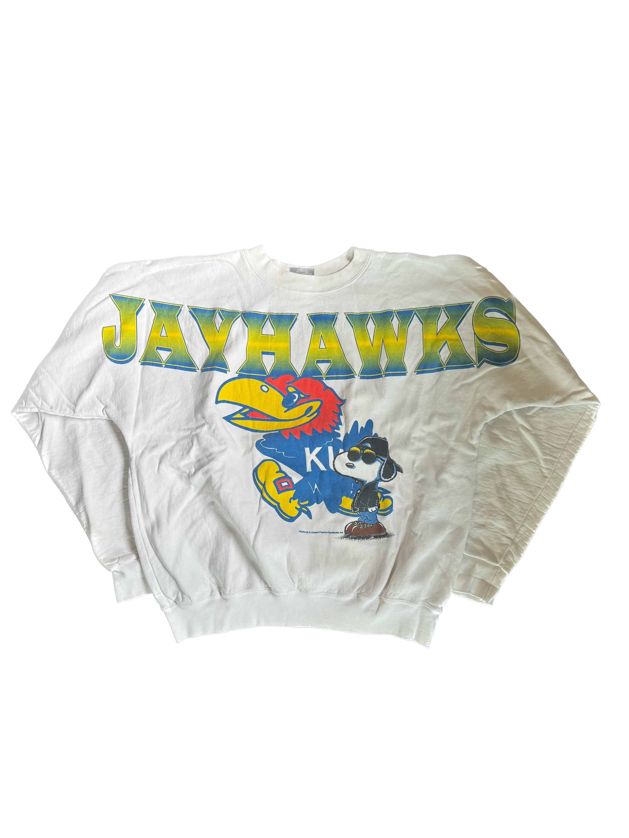WESTSIDE STOREY VINTAGE | VINTAGE 90'S SNOOPY JAYHAWKS SPELLOUT SWEATSHIRT - WHITE Westside Storey