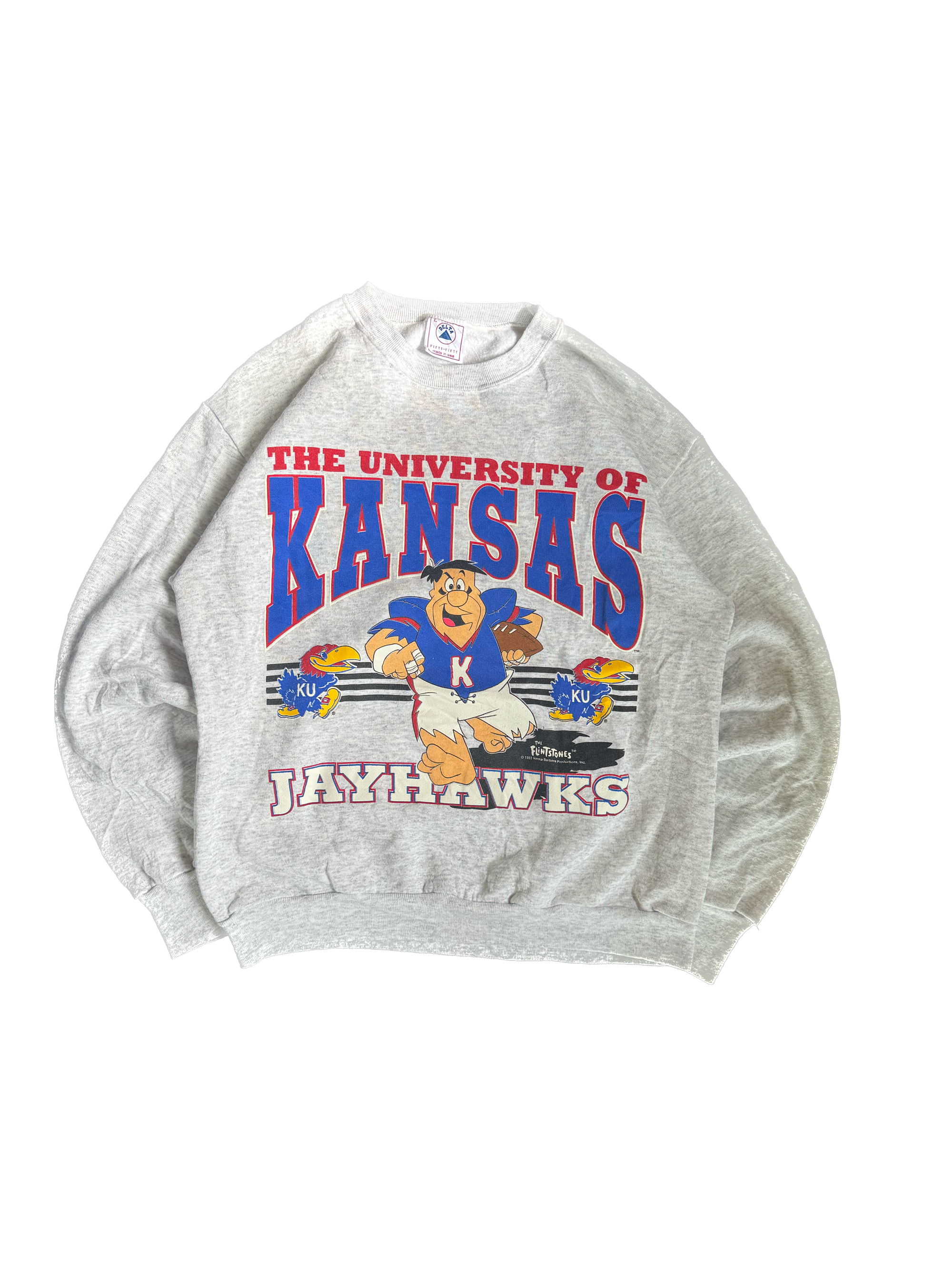 WESTSIDE STOREY VINTAGE | VINTAGE 90'S KU JAYHAWKS FRED FLINTSTONE FOOTBALL SWEATSHIRT - GRAY Westside Storey