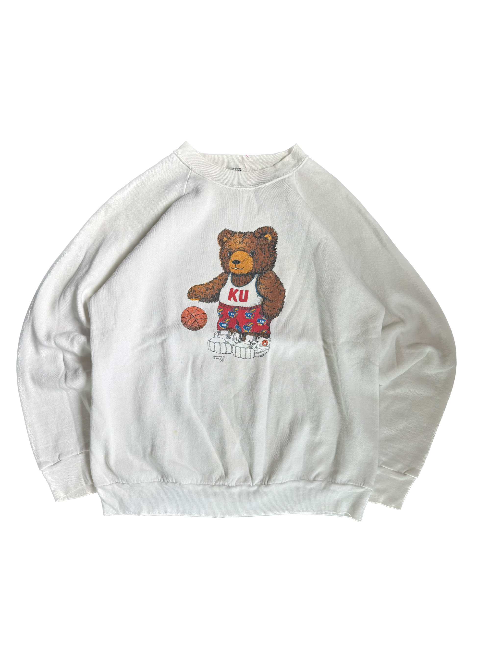 WESTSIDE STOREY VINTAGE | VINTAGE 90'S KU TEDDY BEAR BASKETBALL SWEATSHIRT - WHITE Westside Storey