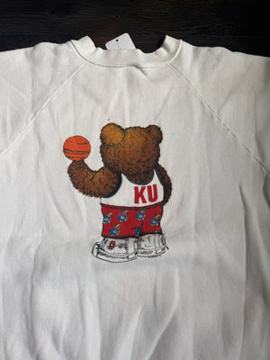 WESTSIDE STOREY VINTAGE | VINTAGE 90'S KU TEDDY BEAR BASKETBALL SWEATSHIRT - WHITE Westside Storey