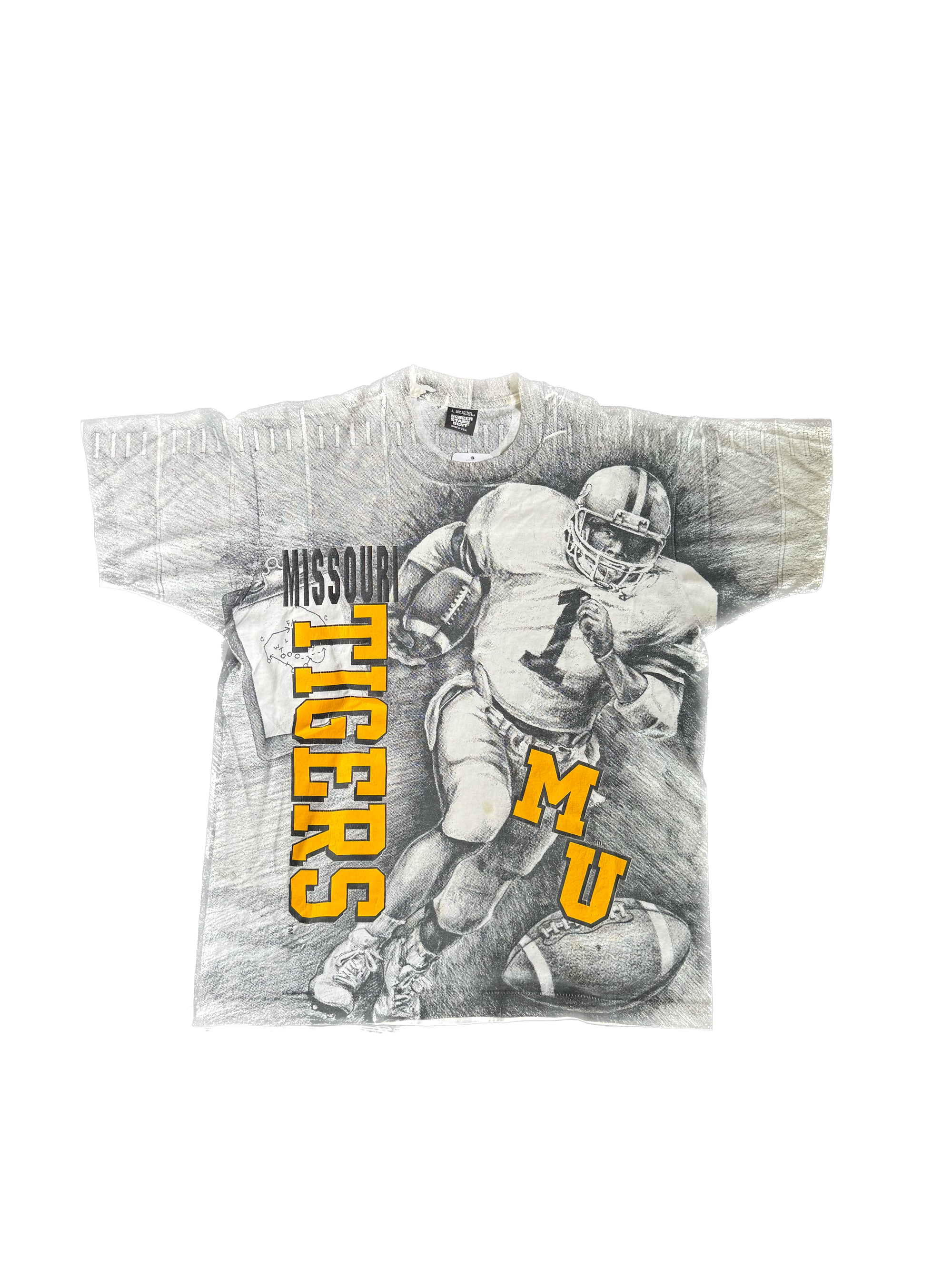 WESTSIDE STOREY VINTAGE | VINTAGE 90'S MIZZOU TIGERS AOP FOOTBALL T-SHIRT - WHITE Westside Storey