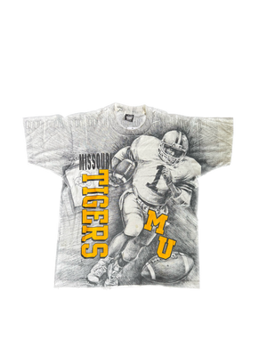 WESTSIDE STOREY VINTAGE | VINTAGE 90'S MIZZOU TIGERS AOP FOOTBALL T-SHIRT - WHITE Westside Storey