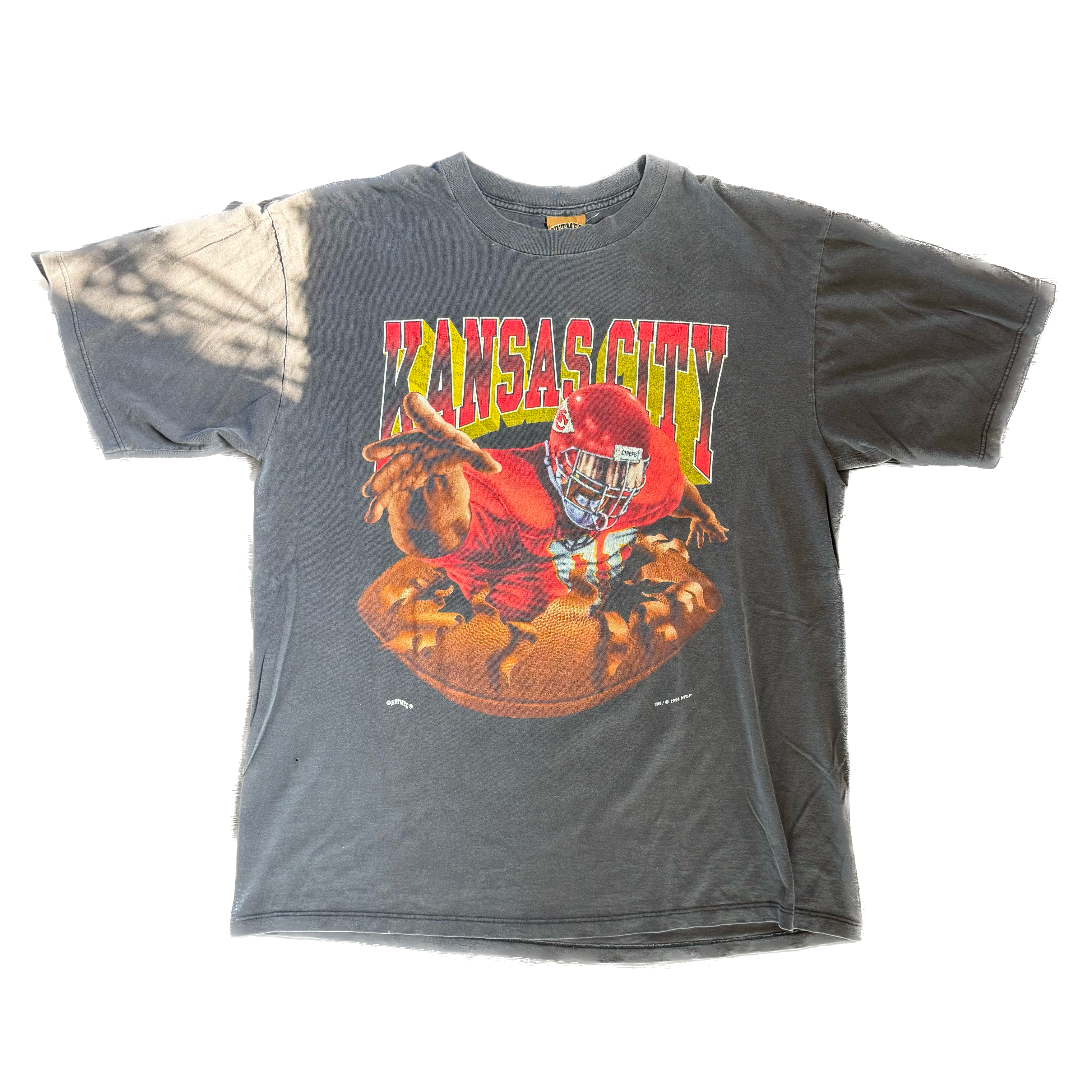 WESTSIDE STOREY VINTAGE | VINTAGE 90'S KC CHIEFS DOUBLE SIDED NUTMEG FOOTBALL T-SHIRT - BLACK Westside Storey