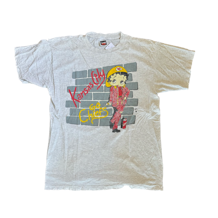 WESTSIDE STOREY VINTAGE | VINTAGE 90'S KC CHIEFS BETTY BOOP GRAFFITI T-SHIRT (THRASHED) - XL Westside Storey