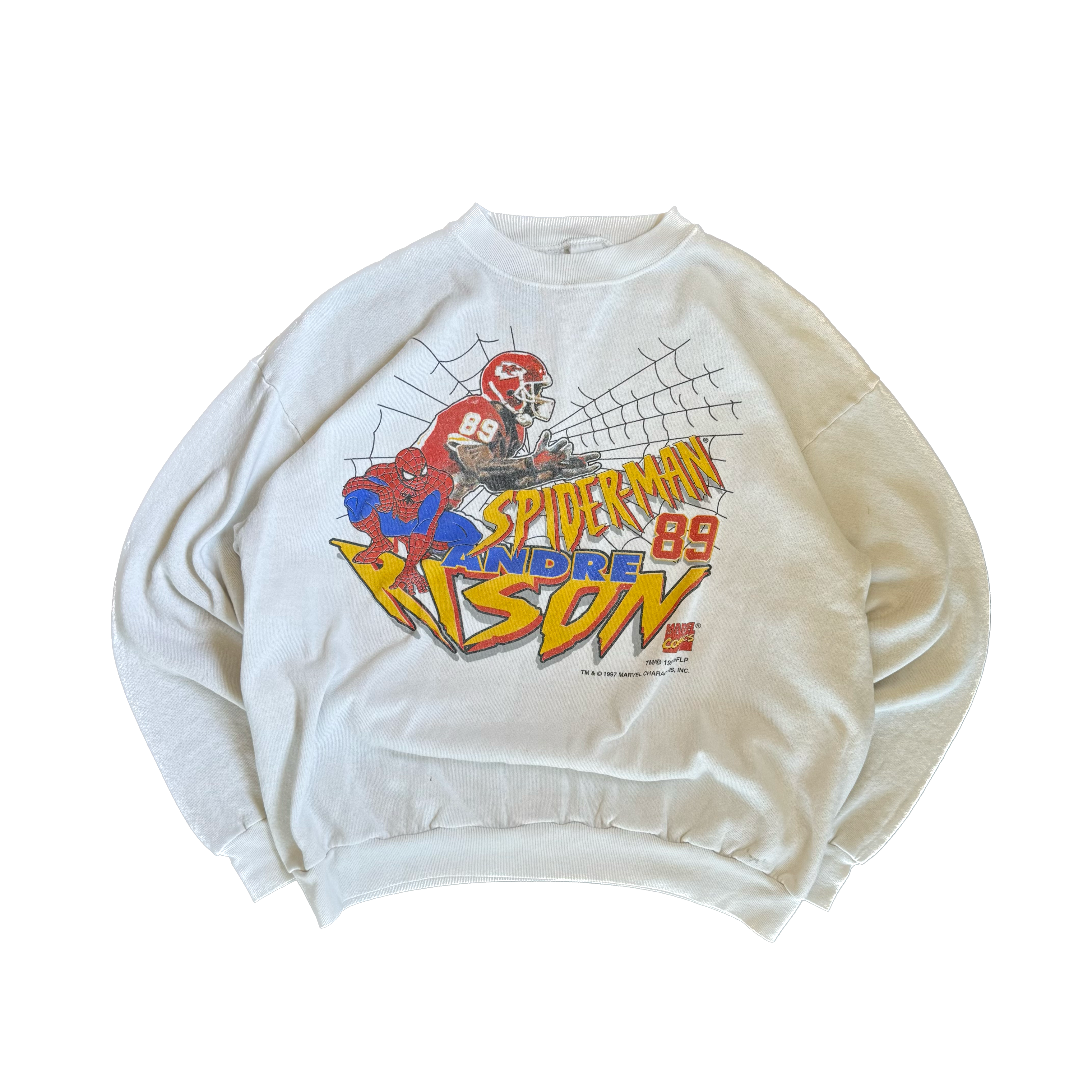WESTSIDE STOREY VINTAGE | VINTAGE 90'S KC CHIEFS ANDRE RISON SPIDERMAN SWEATSHIRT - WHITE Westside Storey