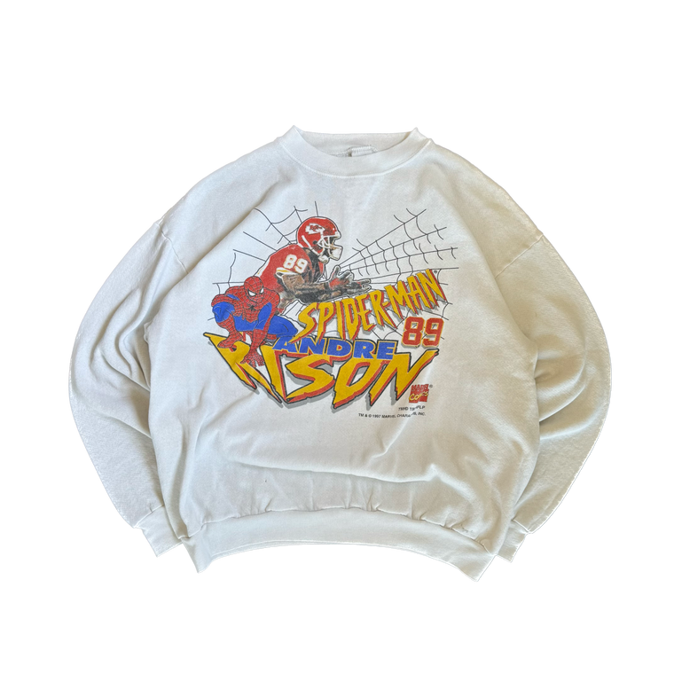 WESTSIDE STOREY VINTAGE | VINTAGE 90'S KC CHIEFS ANDRE RISON SPIDERMAN SWEATSHIRT - WHITE Westside Storey