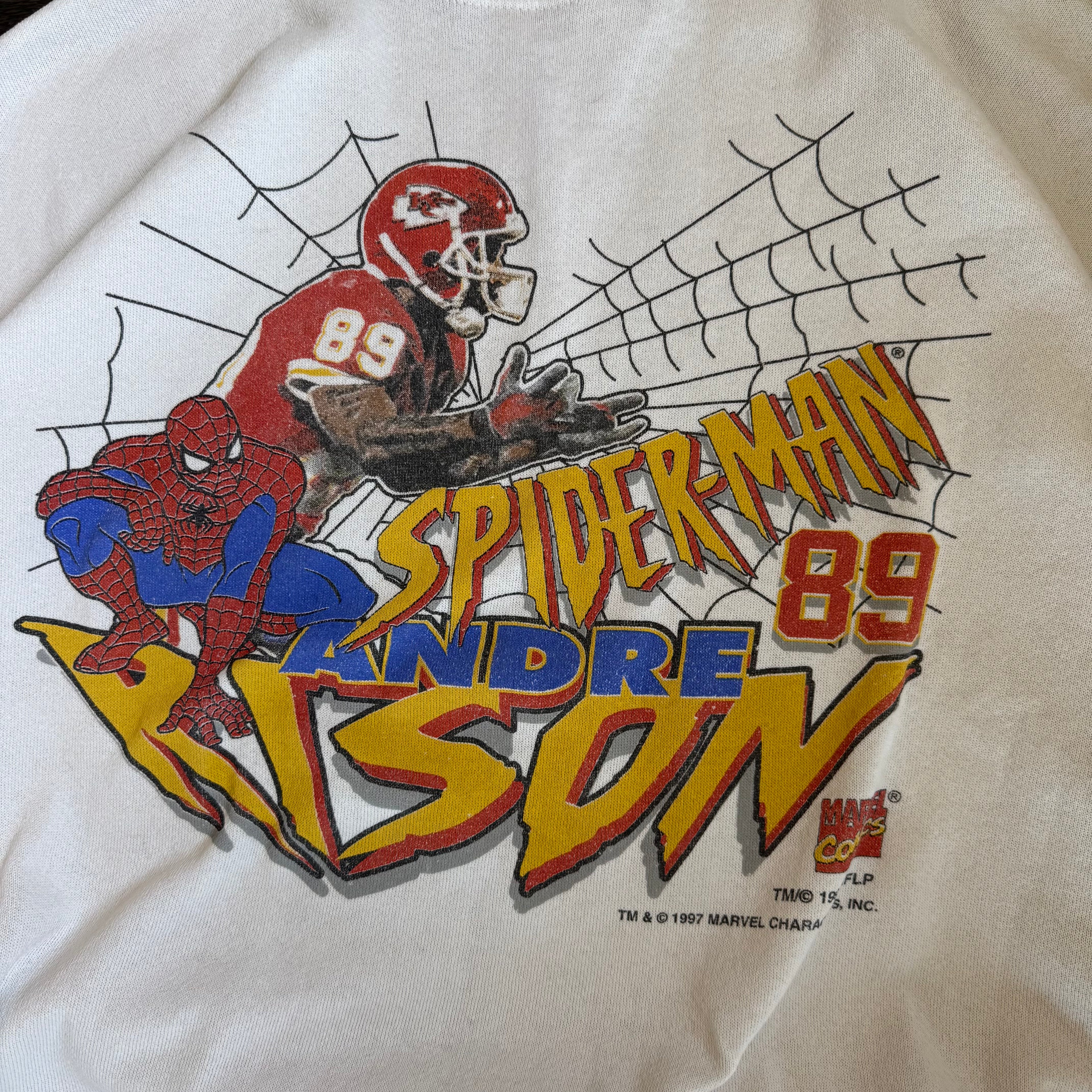 WESTSIDE STOREY VINTAGE | VINTAGE 90'S KC CHIEFS ANDRE RISON SPIDERMAN SWEATSHIRT - WHITE Westside Storey