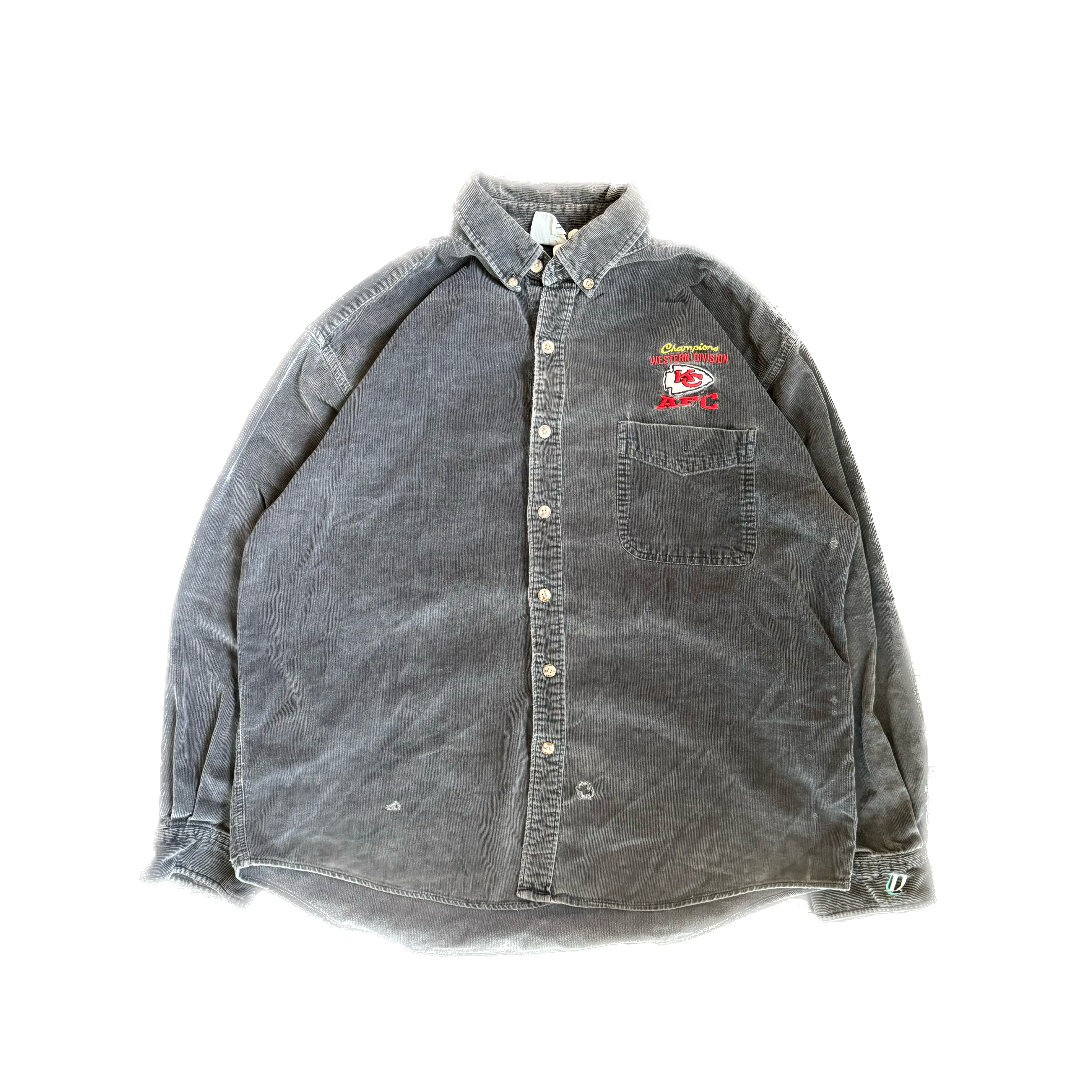 WESTSIDE STOREY VINTAGE | VINTAGE 90'S KC CHIEFS CORDUROY BUTTON DOWN SHIRT - BLACK - Westside Storey