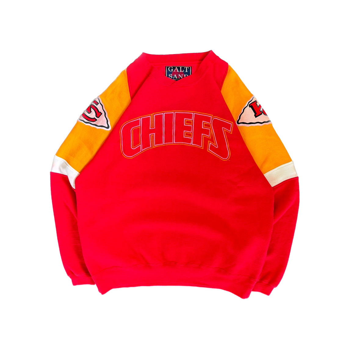 WESTSIDE STOREY VINTAGE | VINTAGE 90'S KC CHIEFS HEAVY COLOR BLOCK SWEATSHIRT *LIGHT PINK ON ARMS - RED