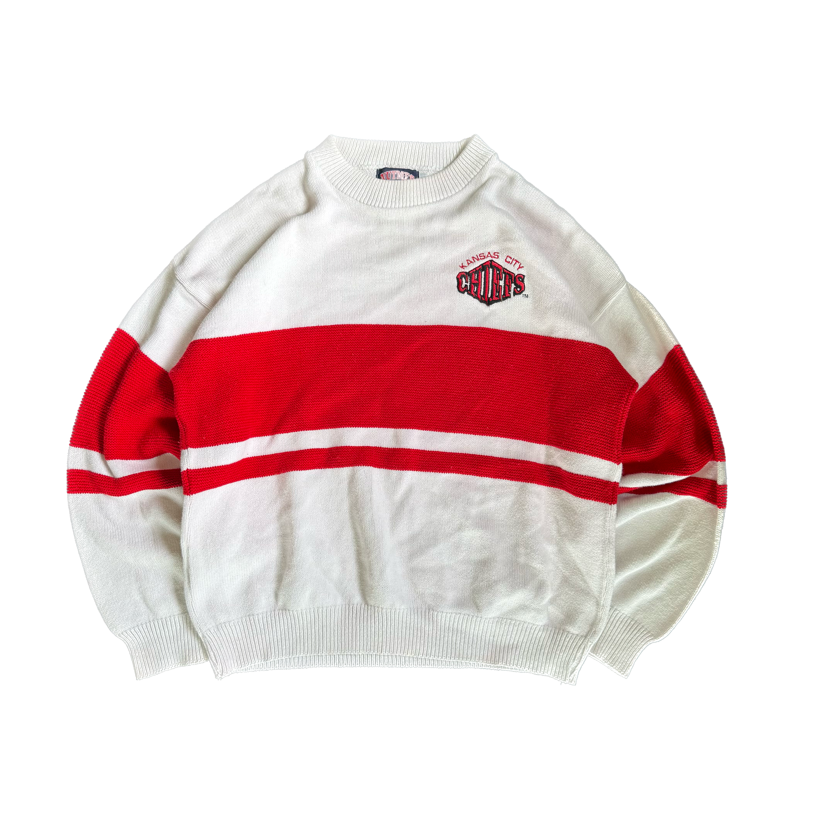 WESTSIDE STOREY VINTAGE | VINTAGE 90'S KC CHIEFS NUTMEG COLOR BLOCK KNIT SWEATER - WHITE Westside Storey