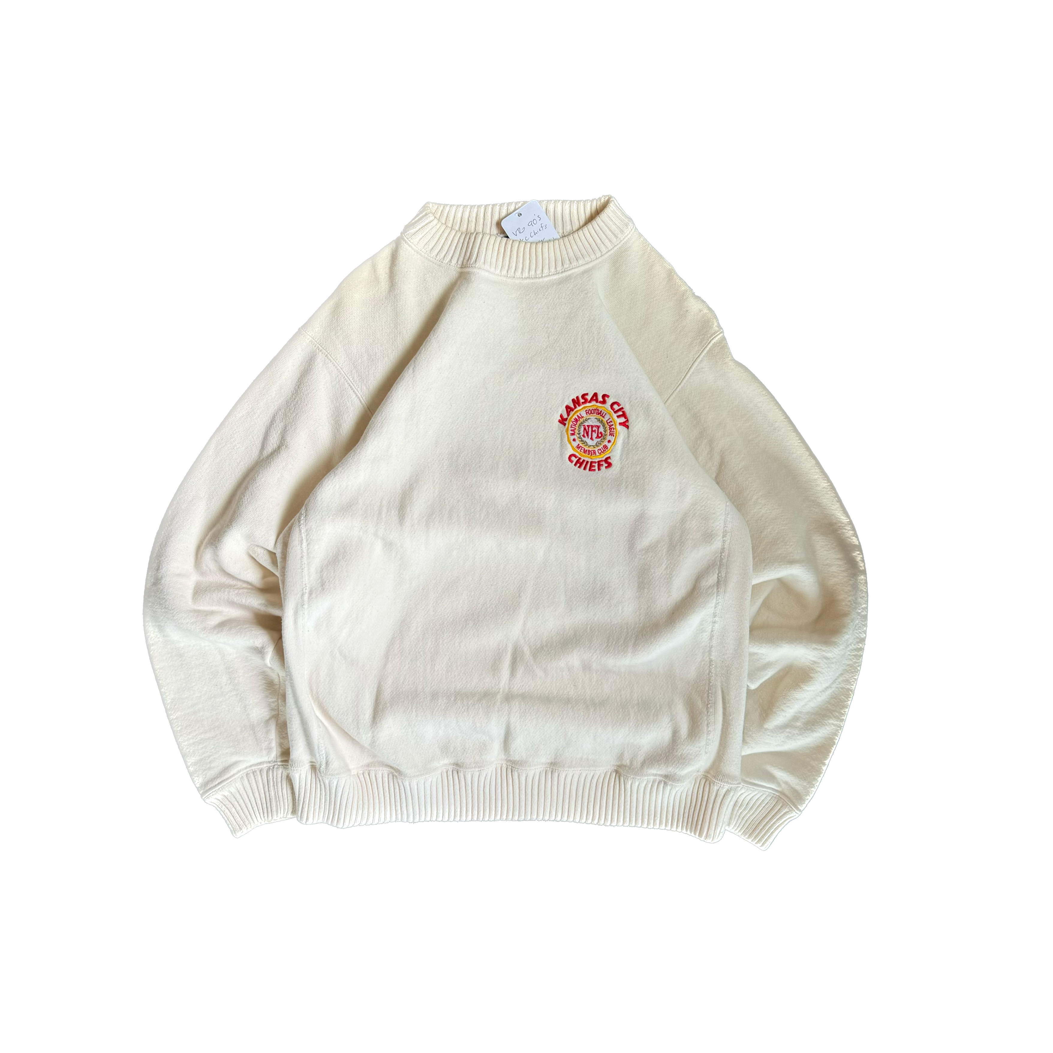 WESTSIDE STOREY VINTAGE | VINTAGE 90'S KC CHIEFS NUTMEG MEMBER CLUB SWEATER - WHITE - Westside Storey