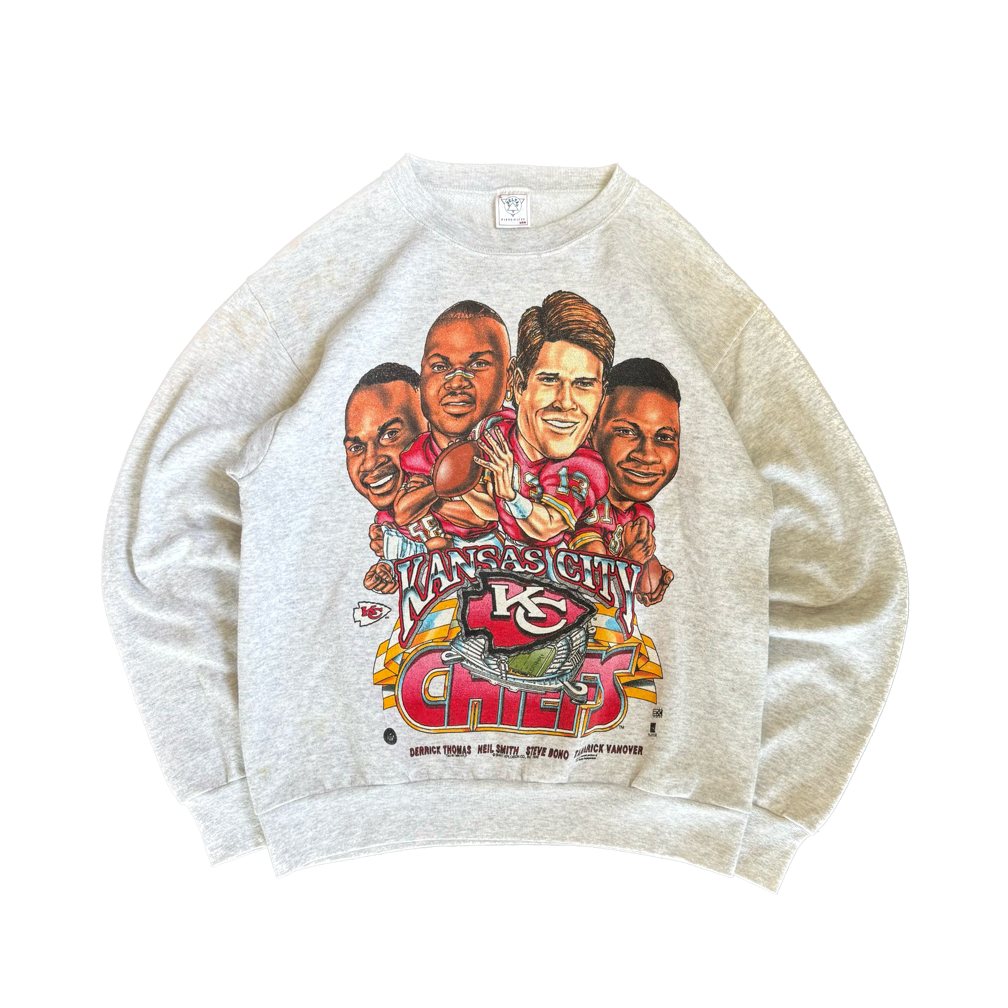 WESTSIDE STOREY VINTAGE | VINTAGE 90'S KC CHIEFS CARICATURE DERRICK THOMAS NEIL SMITH SWEATSHIRT - GRAY Westside Storey