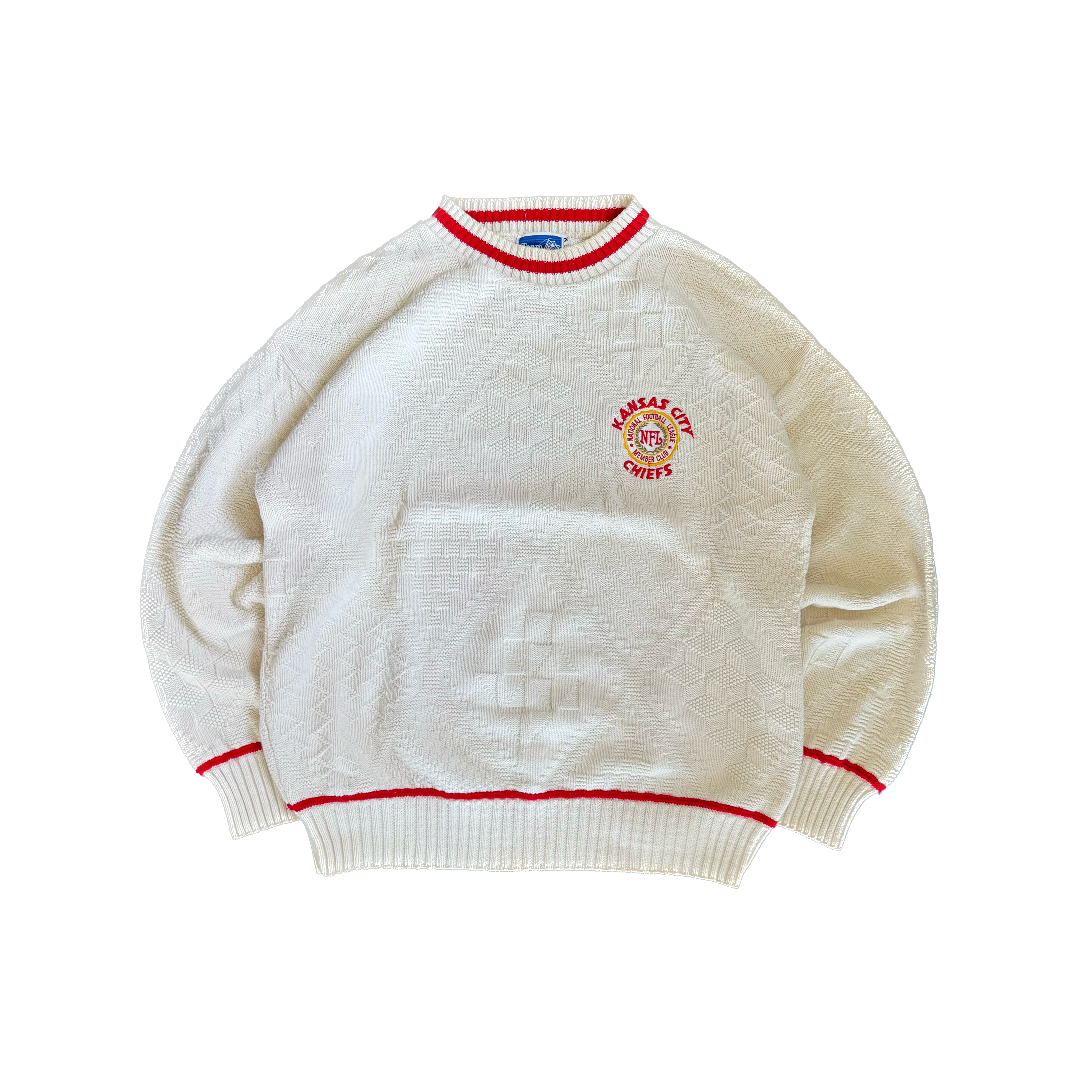 WESTSIDE STOREY VINTAGE | VINTAGE 90'S KC CHIEFS NUTMEG RARE TEXTURED KNIT SWEATER - WHITE Westside Storey