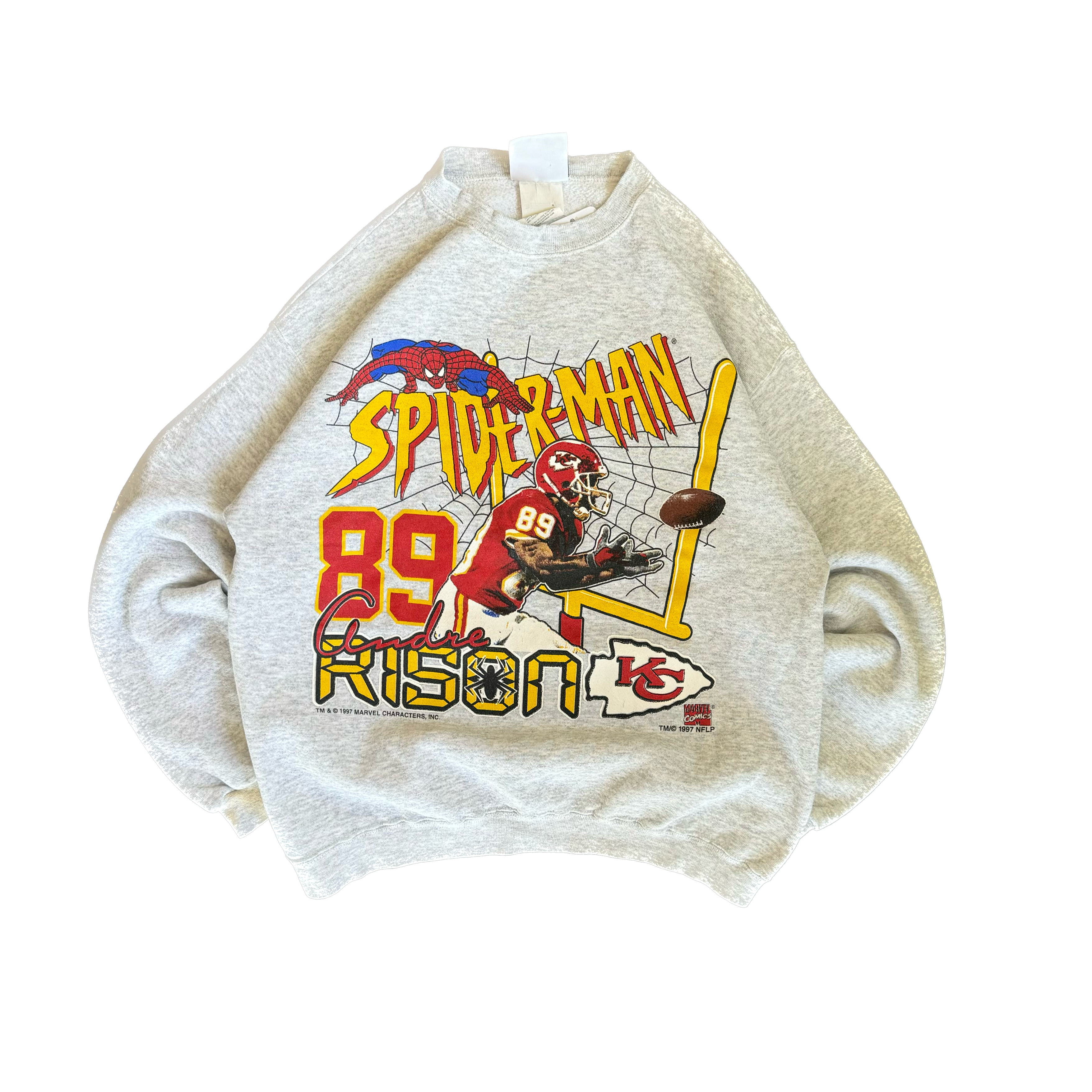 WESTSIDE STOREY VINTAGE | VINTAGE 90'S KC CHIEFS SPIDERMAN ANDRE RISON SWEATSHIRT - WHITE - Westside Storey