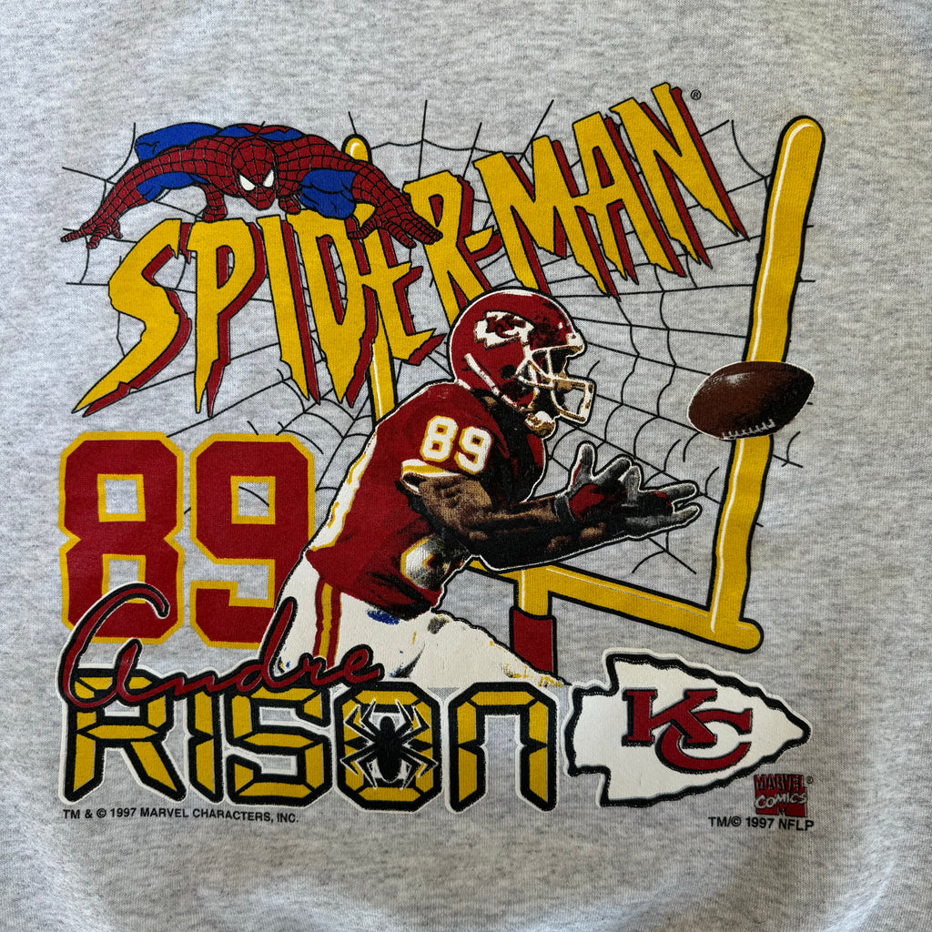 WESTSIDE STOREY VINTAGE | VINTAGE 90'S KC CHIEFS SPIDERMAN ANDRE RISON SWEATSHIRT - WHITE - Westside Storey