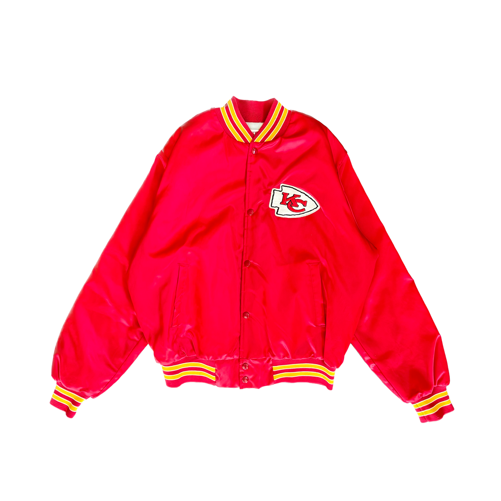 WESTSIDE STOREY VINTAGE | VINTAGE 90'S KC CHIEFS LOCKER LINE SPELLOUT AUTOGRAPH SATIN BOMBER - RED - Westside Storey