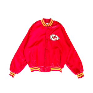 WESTSIDE STOREY VINTAGE | VINTAGE 90'S KC CHIEFS LOCKER LINE SPELLOUT AUTOGRAPH SATIN BOMBER - RED - Westside Storey