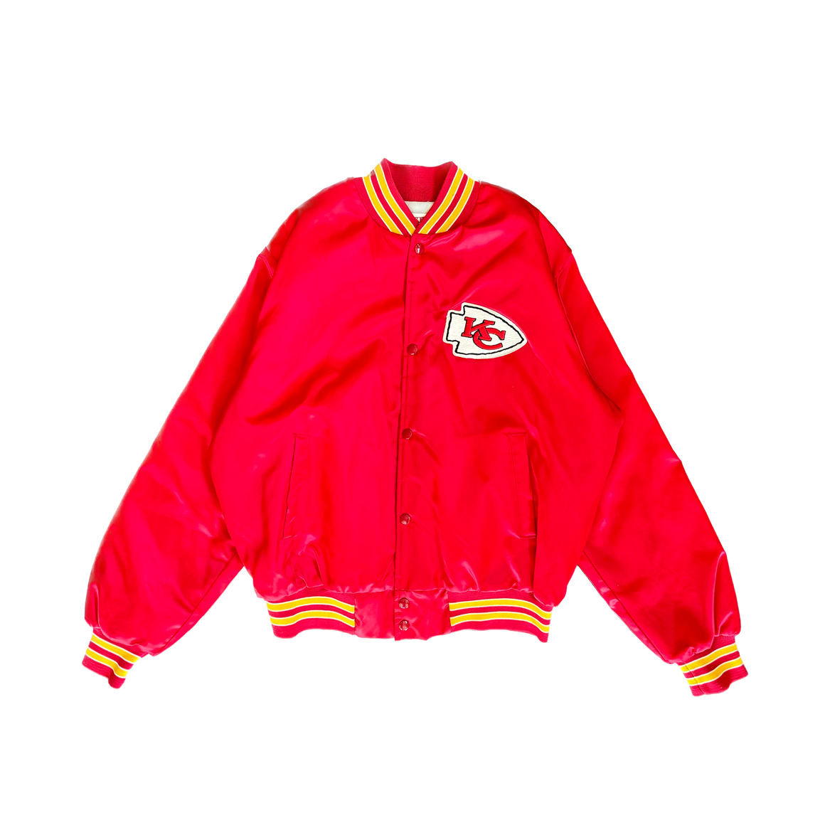 WESTSIDE STOREY VINTAGE | VINTAGE 90'S KC CHIEFS LOCKER LINE SPELLOUT AUTOGRAPH SATIN BOMBER - RED