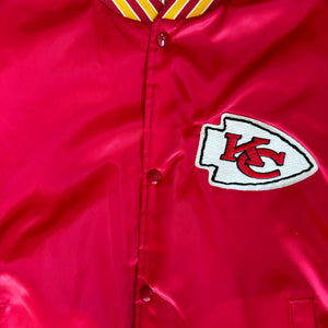 WESTSIDE STOREY VINTAGE | VINTAGE 90'S KC CHIEFS LOCKER LINE SPELLOUT AUTOGRAPH SATIN BOMBER - RED - Westside Storey