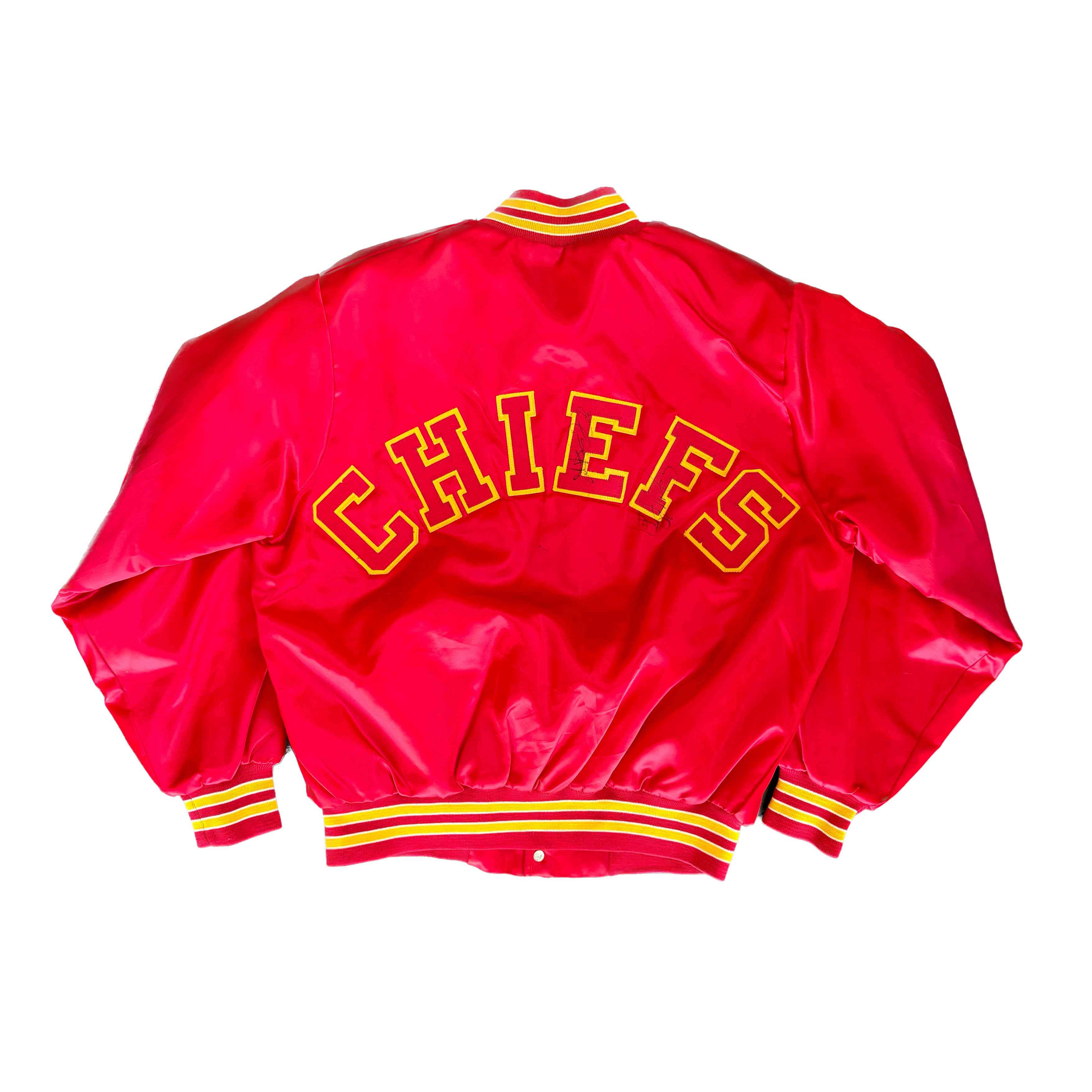 WESTSIDE STOREY VINTAGE | VINTAGE 90'S KC CHIEFS LOCKER LINE SPELLOUT AUTOGRAPH SATIN BOMBER - RED - Westside Storey