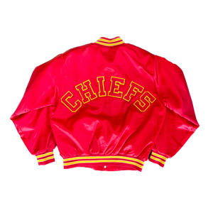 WESTSIDE STOREY VINTAGE | VINTAGE 90'S KC CHIEFS LOCKER LINE SPELLOUT AUTOGRAPH SATIN BOMBER - RED - Westside Storey