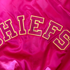 WESTSIDE STOREY VINTAGE | VINTAGE 90'S KC CHIEFS LOCKER LINE SPELLOUT AUTOGRAPH SATIN BOMBER - RED - Westside Storey