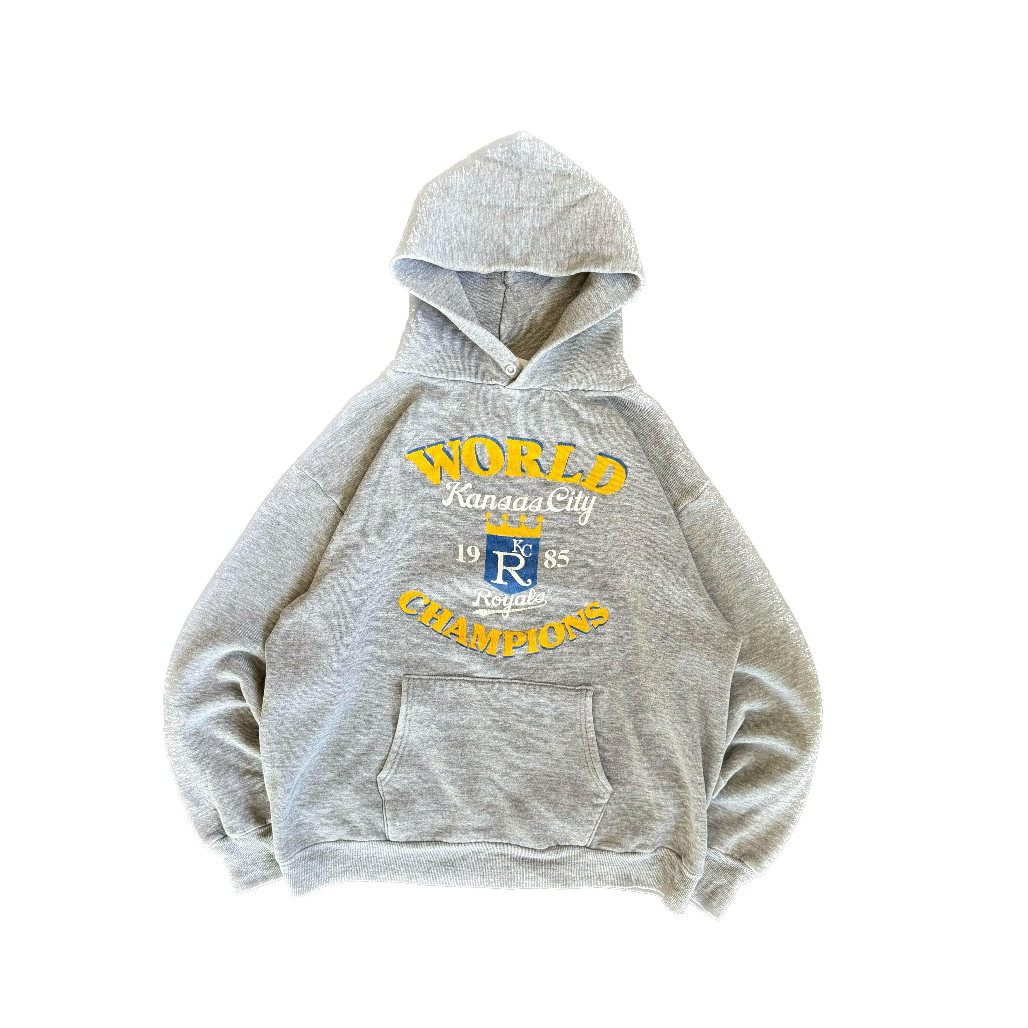 WESTSIDE STOREY VINTAGE | VINTAGE 1985 KC ROYALS WORLD CHAMPS HOODIE - GRAY - Westside Storey