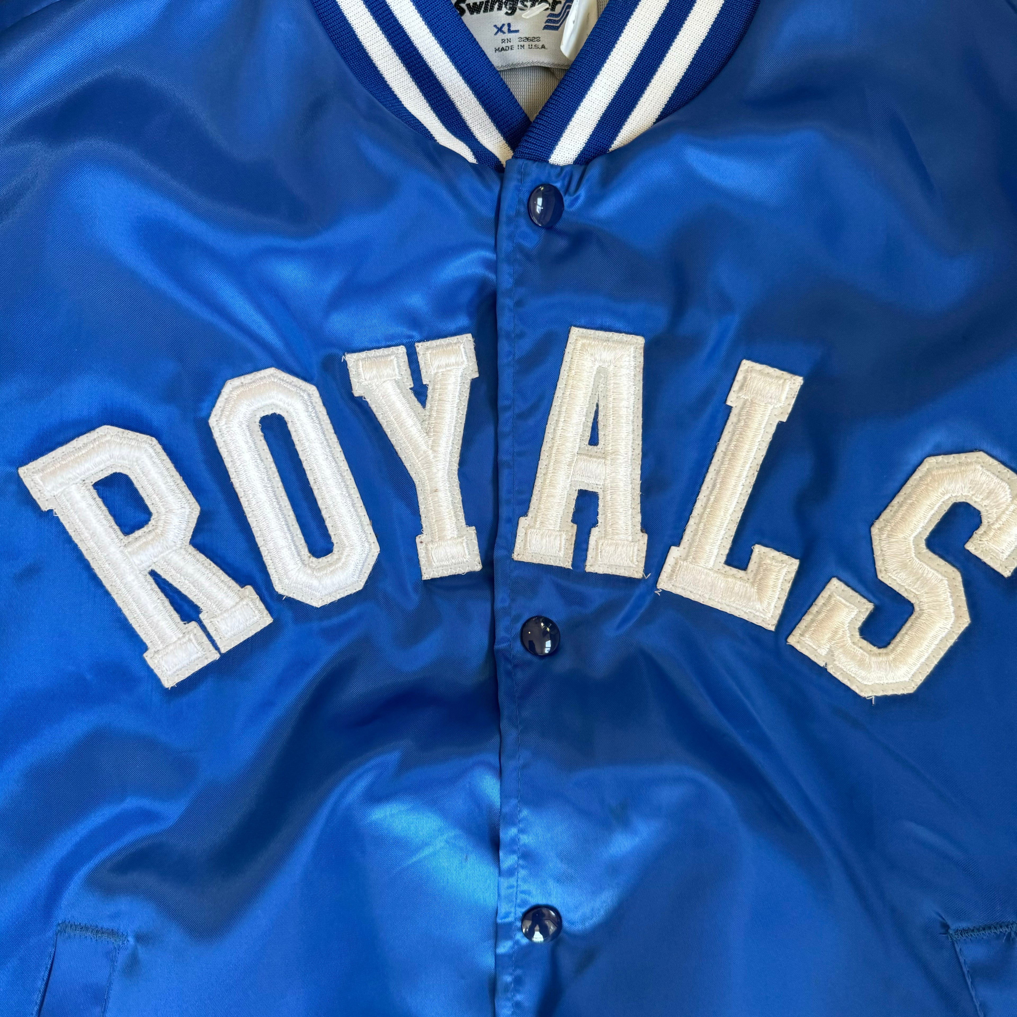WESTSIDE STOREY VINTAGE | VINTAGE 90'S KC ROYALS SWINGSTER SATIN BOMBER - BLUE - Westside Storey