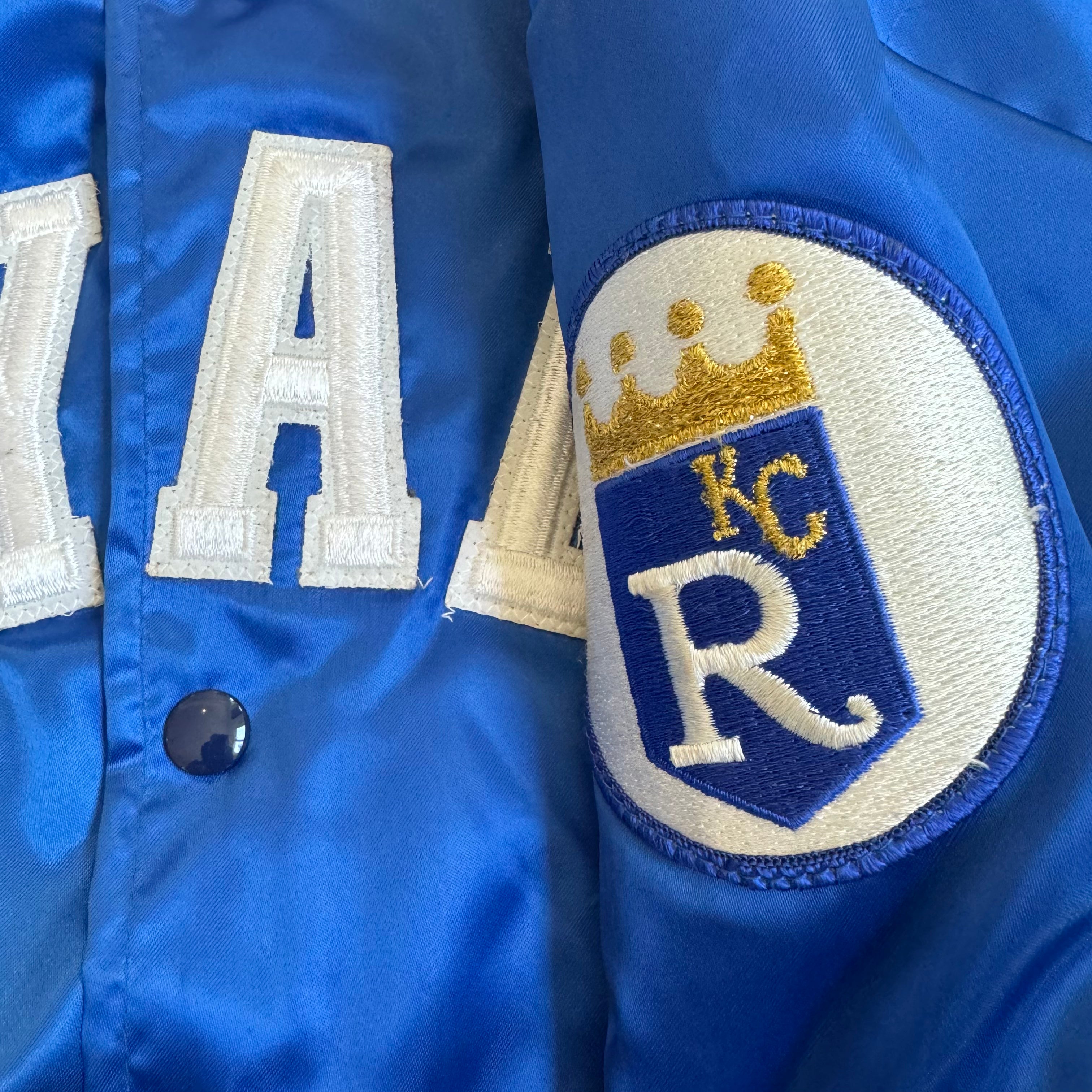 WESTSIDE STOREY VINTAGE | VINTAGE 90'S KC ROYALS SWINGSTER SATIN BOMBER - BLUE - Westside Storey