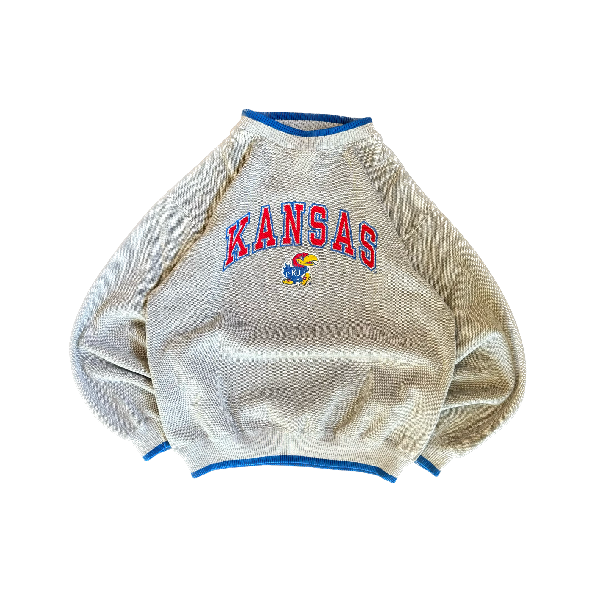 WESTSIDE STOREY VINTAGE | VINTAGE 90S LOGO ATHLETIC SPECKLE GRAY KANSAS JAYHAWKS SWEATSHIRT - GRAY - Westside Storey