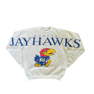 WESTSIDE STOREY VINTAGE | VINTAGE 90'S KANSAS JAYHAWKS SPELLOUT SWEATSHIRT - GRAY - Westside Storey