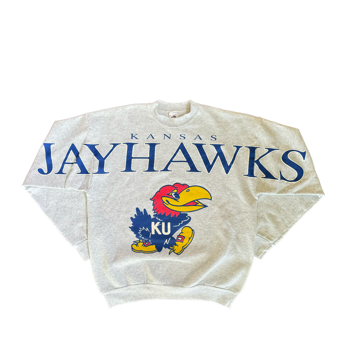 WESTSIDE STOREY VINTAGE | VINTAGE 90'S KANSAS JAYHAWKS SPELLOUT SWEATSHIRT - GRAY