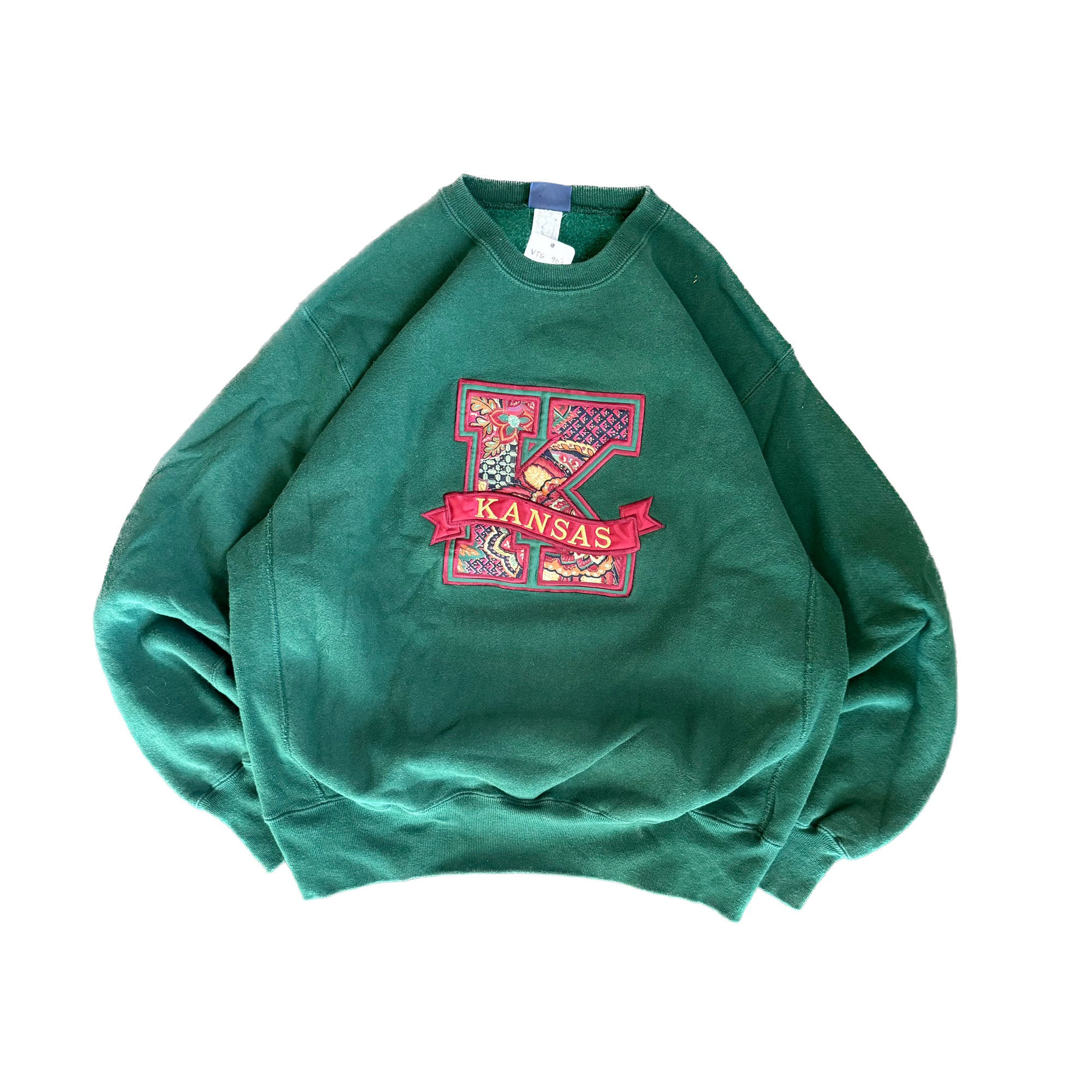 WESTSIDE STOREY VINTAGE | VINTAGE 90'S JANSPORT HEAVY REVERSE WEAVE KANSAS UNIVERSITY PAISLEY SWEATSHIRT - GREEN - Westside Storey