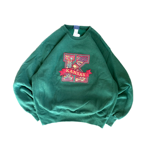 WESTSIDE STOREY VINTAGE | VINTAGE 90'S JANSPORT HEAVY REVERSE WEAVE KANSAS UNIVERSITY PAISLEY SWEATSHIRT - GREEN - Westside Storey