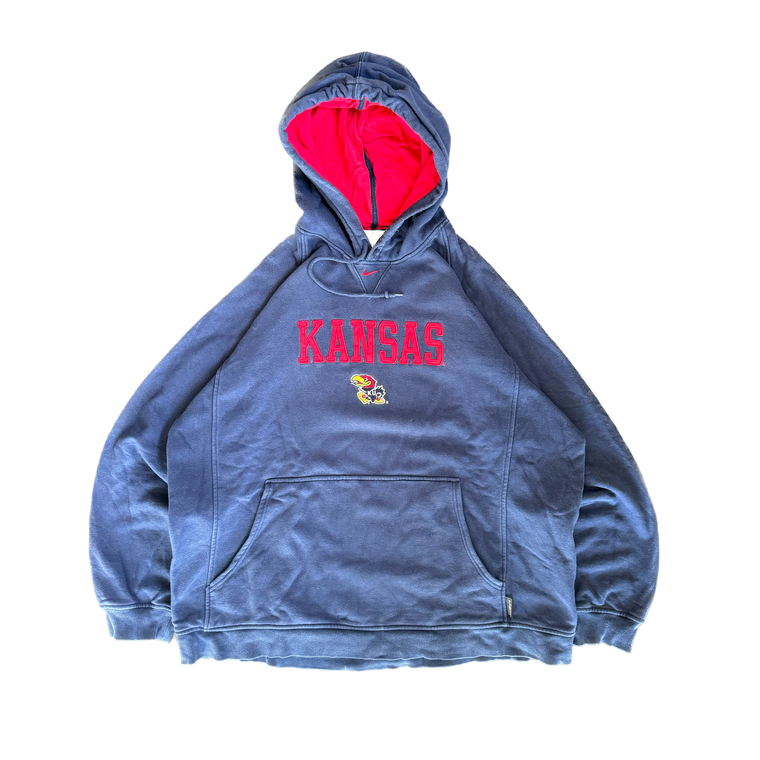 WESTSIDE STOREY VINTAGE | VINTAGE 90'S NIKE MIDDLE SWOOSH KANSAS JAYHAWKS HOODIE - NAVY