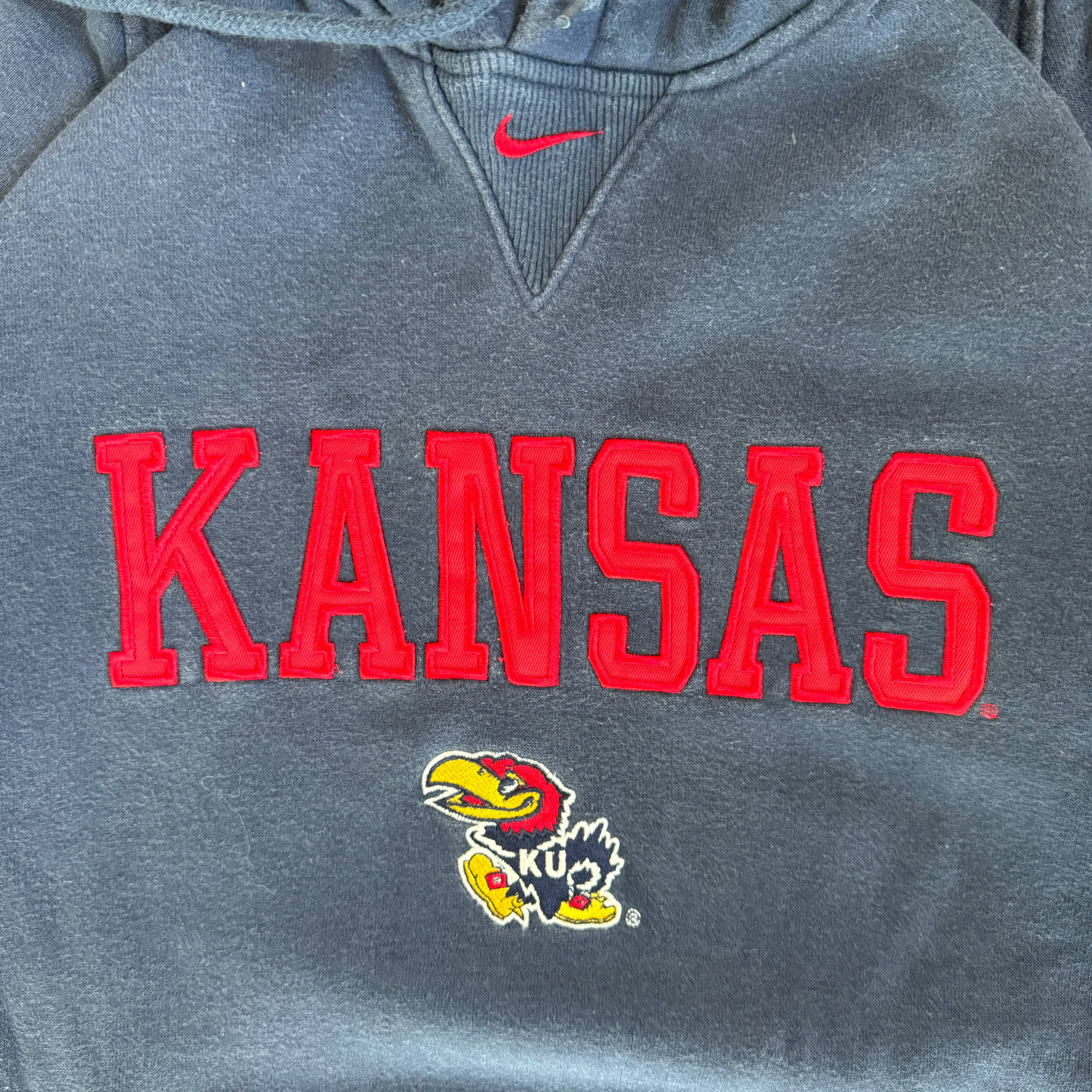 WESTSIDE STOREY VINTAGE | VINTAGE 90'S NIKE MIDDLE SWOOSH KANSAS JAYHAWKS HOODIE - NAVY - Westside Storey