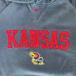 WESTSIDE STOREY VINTAGE | VINTAGE 90'S NIKE MIDDLE SWOOSH KANSAS JAYHAWKS HOODIE - NAVY - Westside Storey