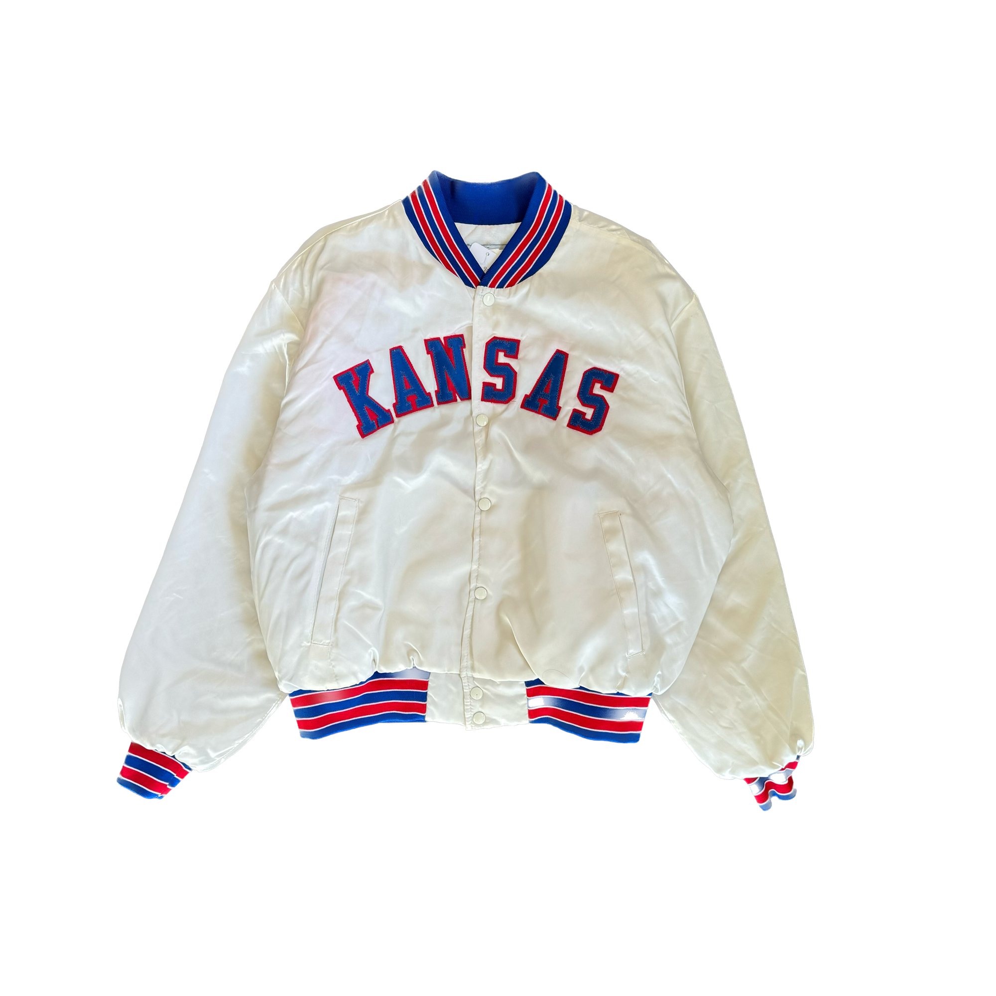 WESTSIDE STOREY VINTAGE | VINTAGE 90'S CLEAN KANSAS UNIVERSITY SATIN BOMBER JACKET - WHITE - Westside Storey