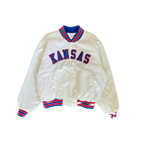 WESTSIDE STOREY VINTAGE | VINTAGE 90'S CLEAN KANSAS UNIVERSITY SATIN BOMBER JACKET - WHITE - Westside Storey