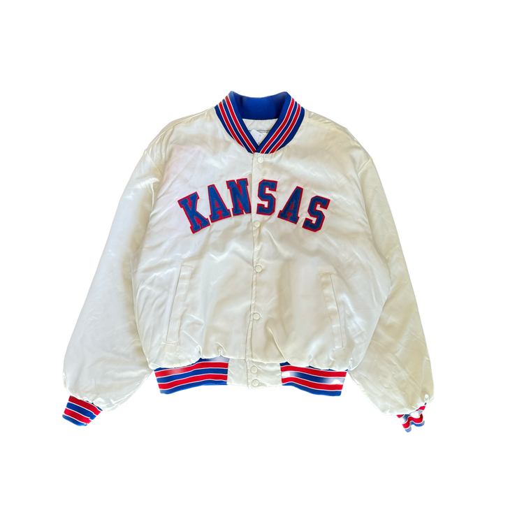 WESTSIDE STOREY VINTAGE | VINTAGE 90'S CLEAN KANSAS UNIVERSITY SATIN BOMBER JACKET - WHITE