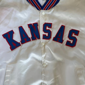WESTSIDE STOREY VINTAGE | VINTAGE 90'S CLEAN KANSAS UNIVERSITY SATIN BOMBER JACKET - WHITE - Westside Storey