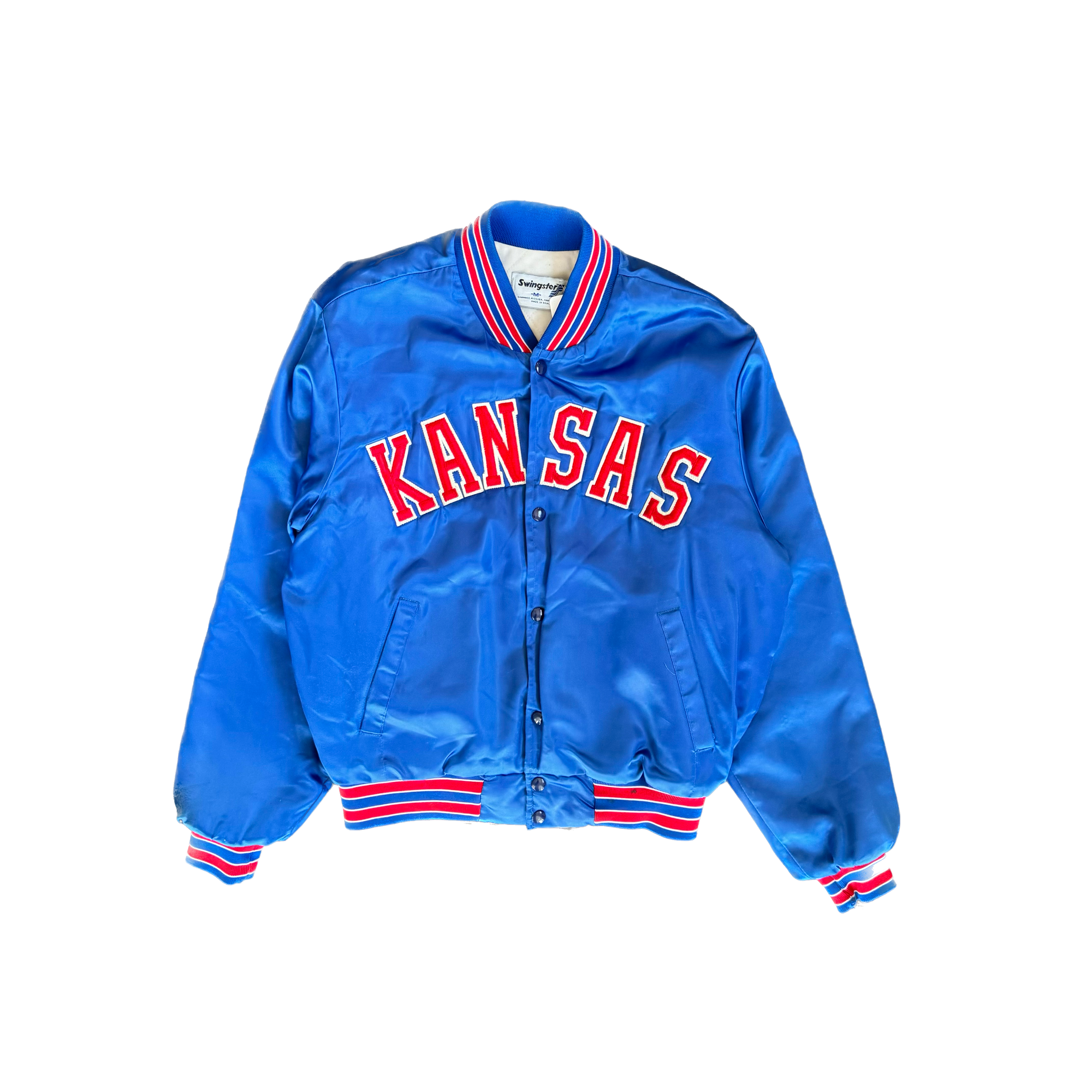 WESTSIDE STOREY VINTAGE | VINTAGE 90'S CLEAN KANSAS UNIVERSITY SATIN BOMBER JACKET - BLUE - Westside Storey